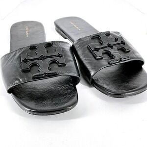Tory Burch Size 9 Ines Slide Black Leather Flat Sandals Tonal Logo